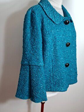 Womens Plus Sz XXL Tailored Flared Sleeves Structured Teal Textured Satin Blazer